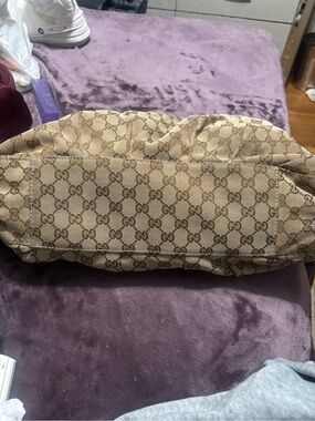 Gucci Beige/Brown Sukey GG Monogram Shoulder Bag with long detachable strap.